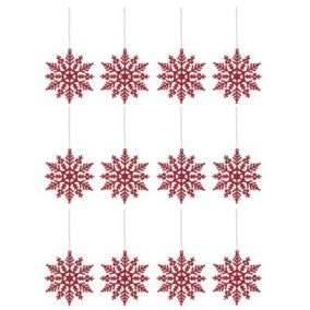 Red Glitter effect Plastic Snowflake Hanging decoration set, Set of 12