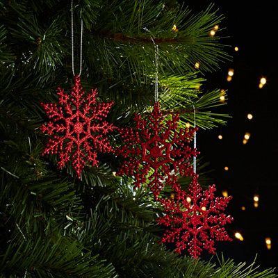 Red Glitter effect Plastic Snowflake Hanging decoration set, Set of 12