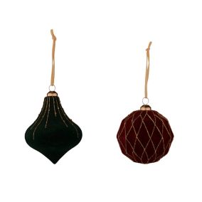 Red & green Flocked effect Ornate Bauble, Set of 2