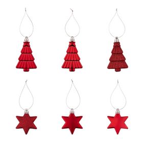 Red Plastic Star & tree Hanging decoration set, Set of 12