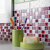 Red & purple Glass Mosaic tile sheet, (L)300mm (W)300mm