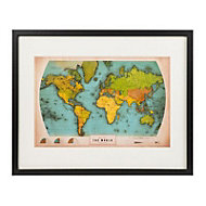 Retro world map Black Framed print (H)430mm (W)530mm