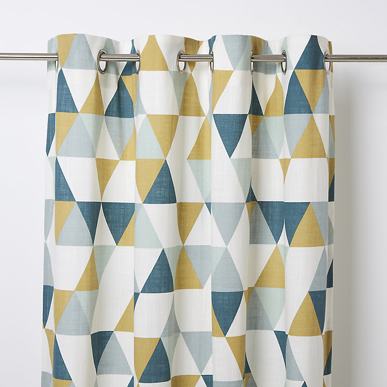 McAlister Textiles Vita Orange Blue & Grey Triangle Design Cotton Curtain Pair 