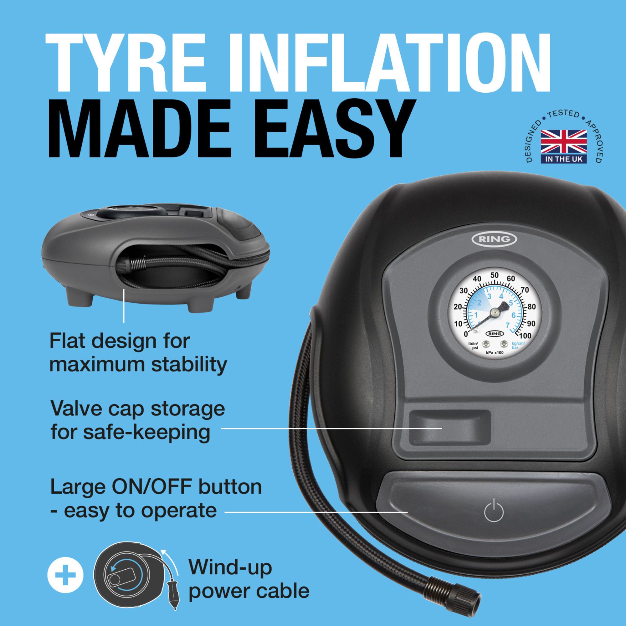 Ring Automotive Black & grey 12V Analogue dial Tyre inflator