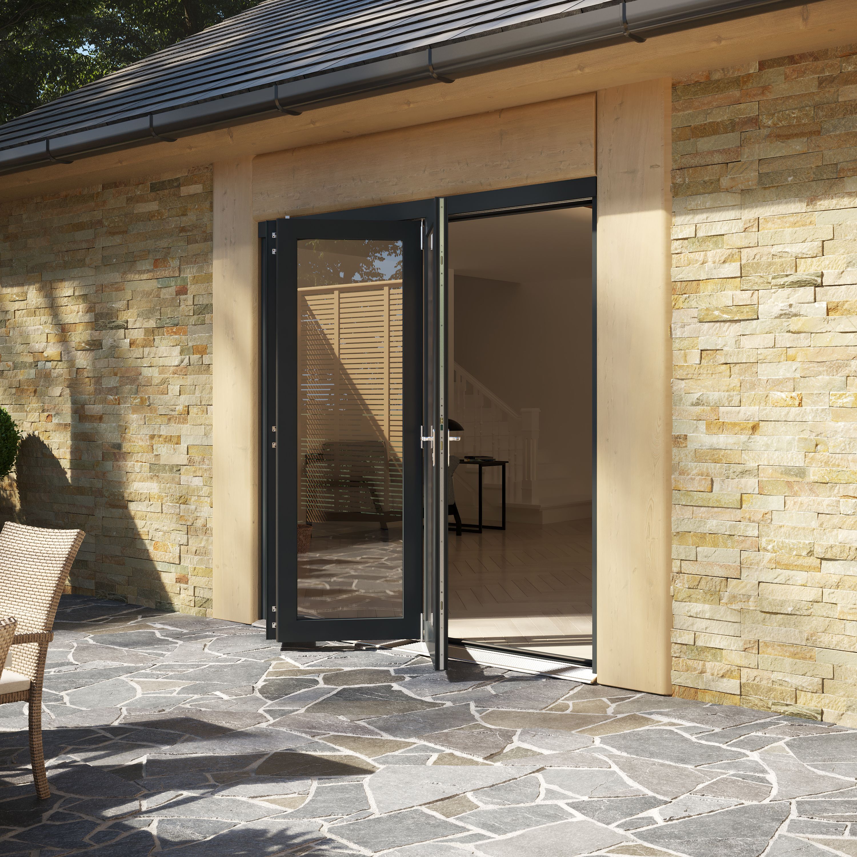 Rohden Clear Fully glazed Anthracite Grey Timber External Contemporary 3 Patio Bi-folding door, (H)2090mm (W)2090mm