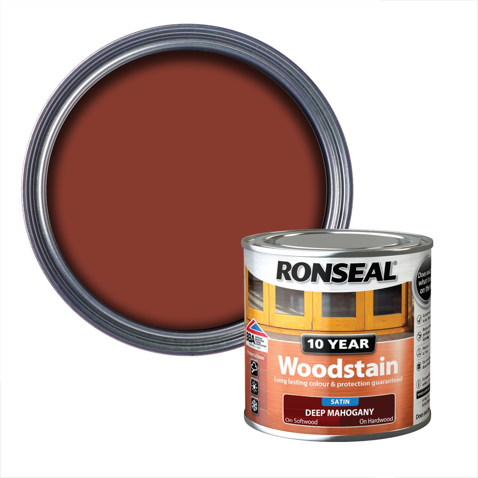 Ronseal 10 Year Deep mahogany Satin Quick dry Doors & window frames Wood stain, 250ml