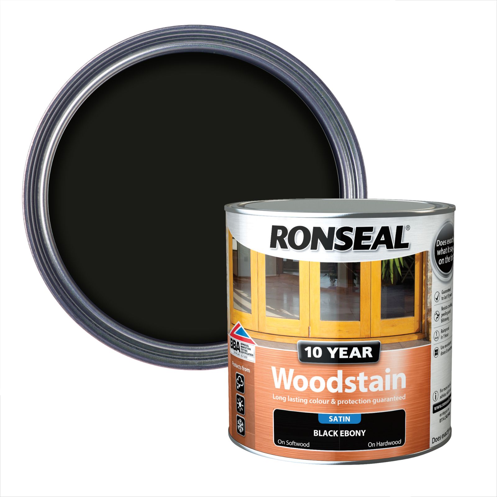 Ronseal 10 Year Ebony Satin Quick dry Doors & window frames Wood stain, 2.5L