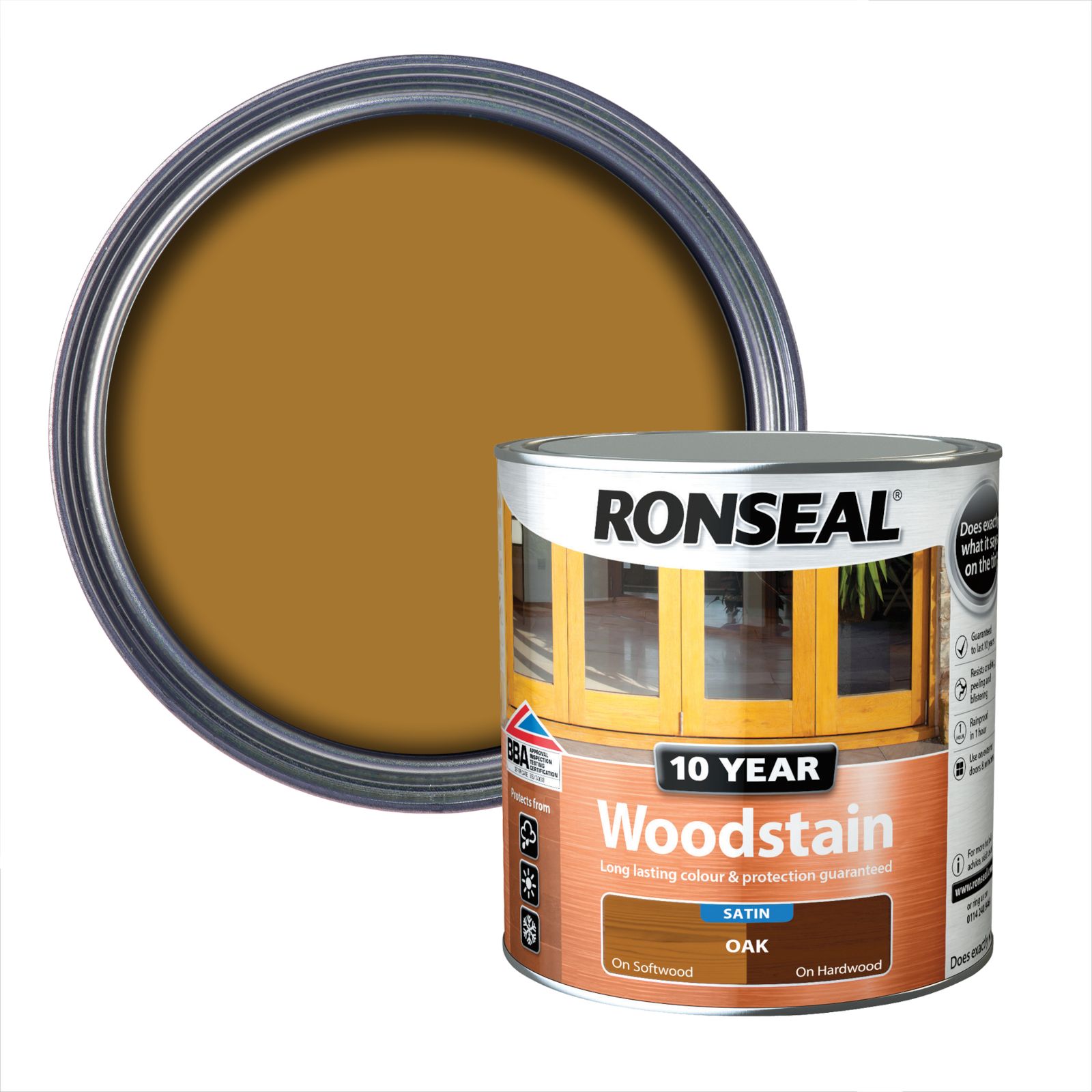 Ronseal 10 Year Oak Satin Quick dry Doors & window frames Wood stain, 750ml