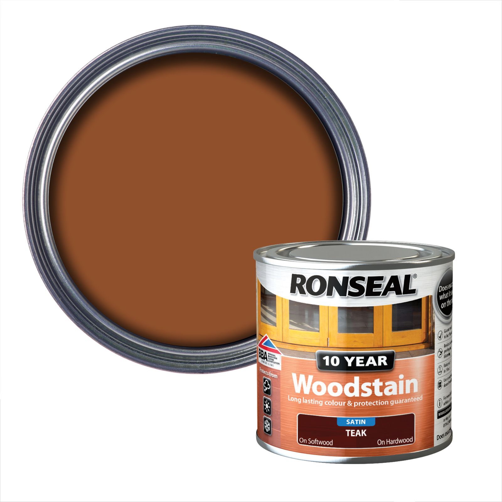 Ronseal 10 Year Teak Satin Quick dry Doors & window frames Wood stain, 250ml