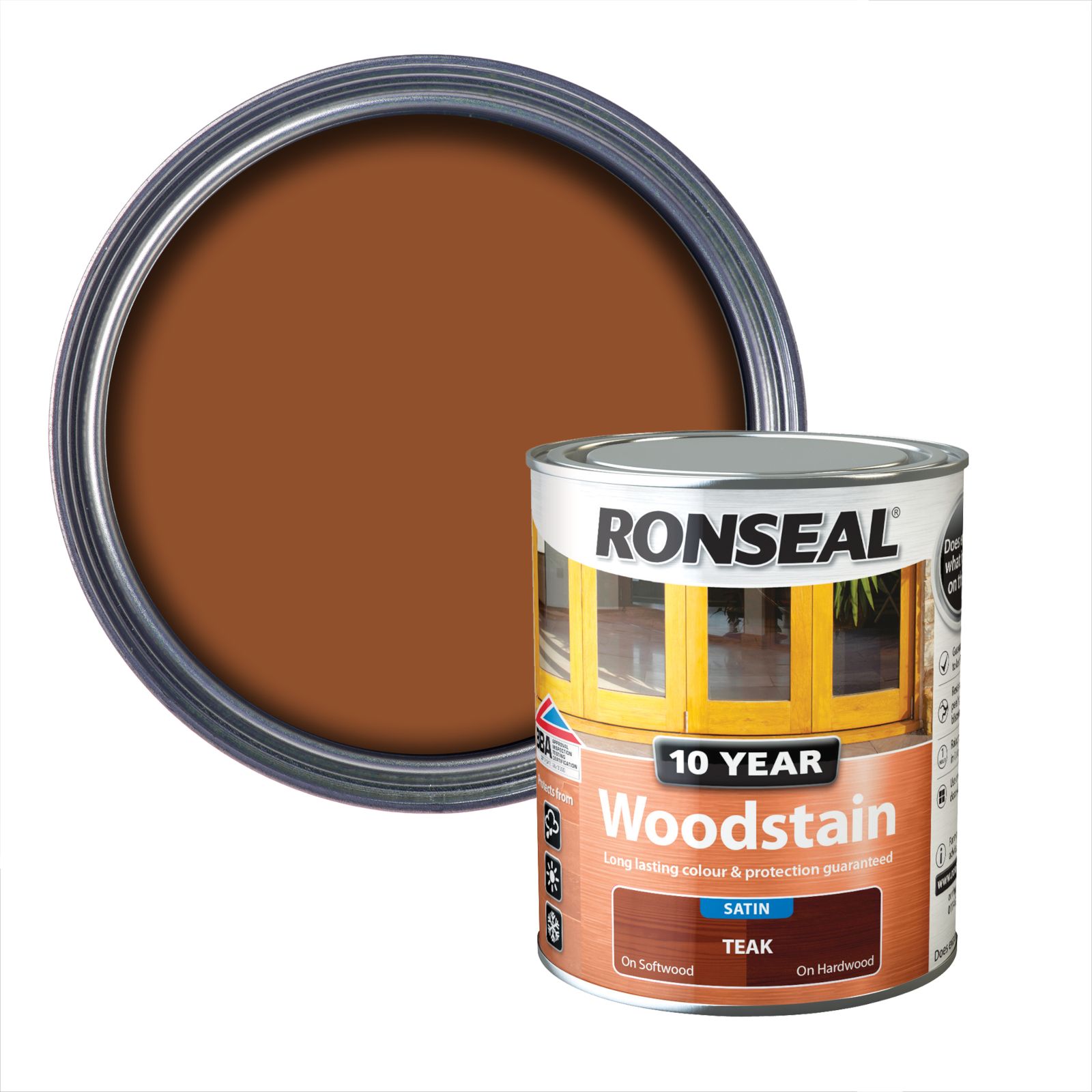Ronseal 10 Year Teak Satin Quick dry Doors & window frames Wood stain ...