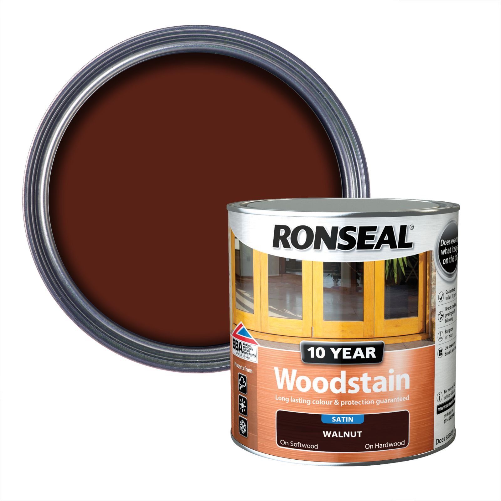 Ronseal 10 Year Walnut Satin Quick dry Doors & window frames Wood stain, 750ml