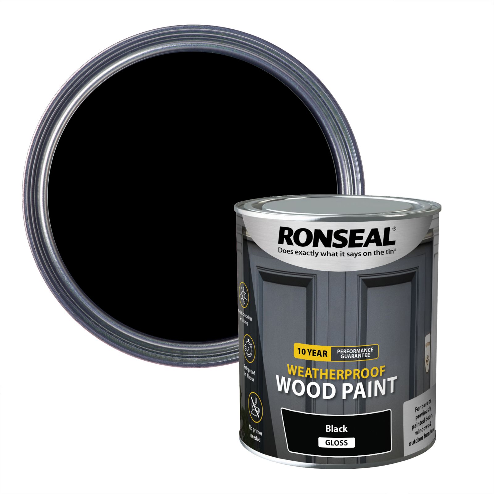 Ronseal 10 Year Weatherproof Wood Paint Black Gloss Exterior Protector Wood paint, 750ml Tin