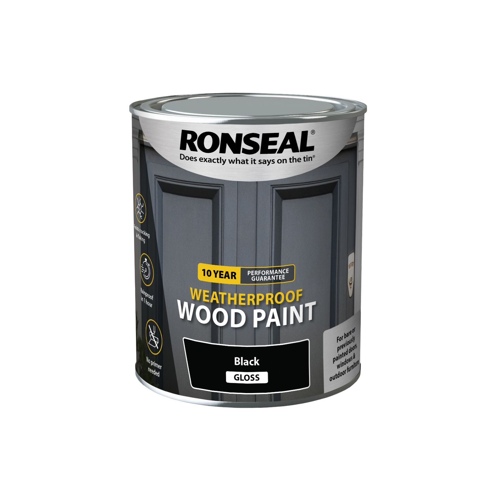 Ronseal 10 Year Weatherproof Wood Paint Black Gloss Exterior Protector Wood paint, 750ml Tin