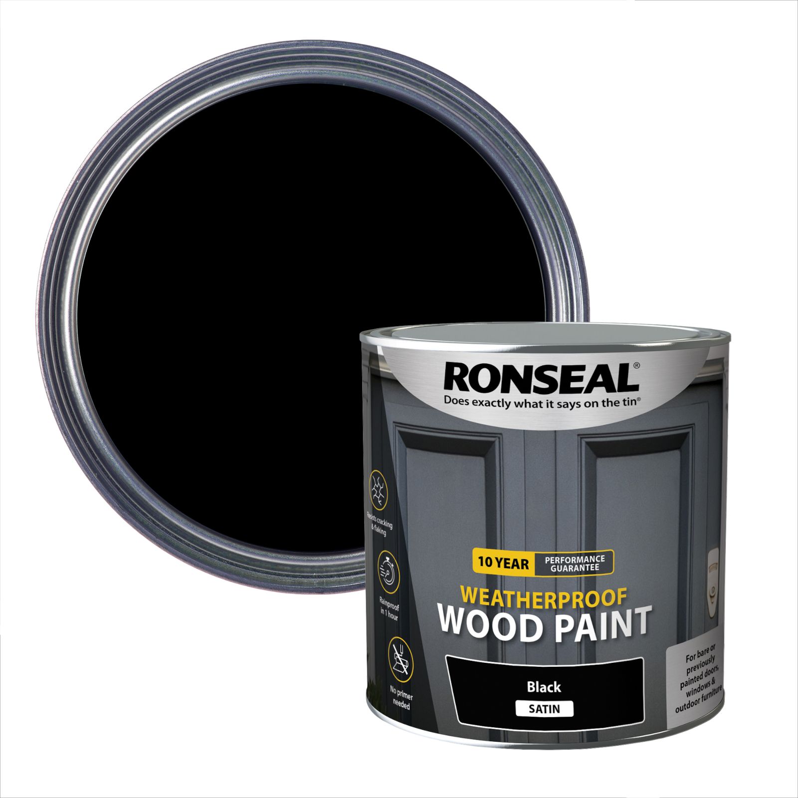 Ronseal 10 Year Weatherproof Wood Paint Black Satin Deep base Exterior Doors & windows Protector Wood paint, 2.5L Tin