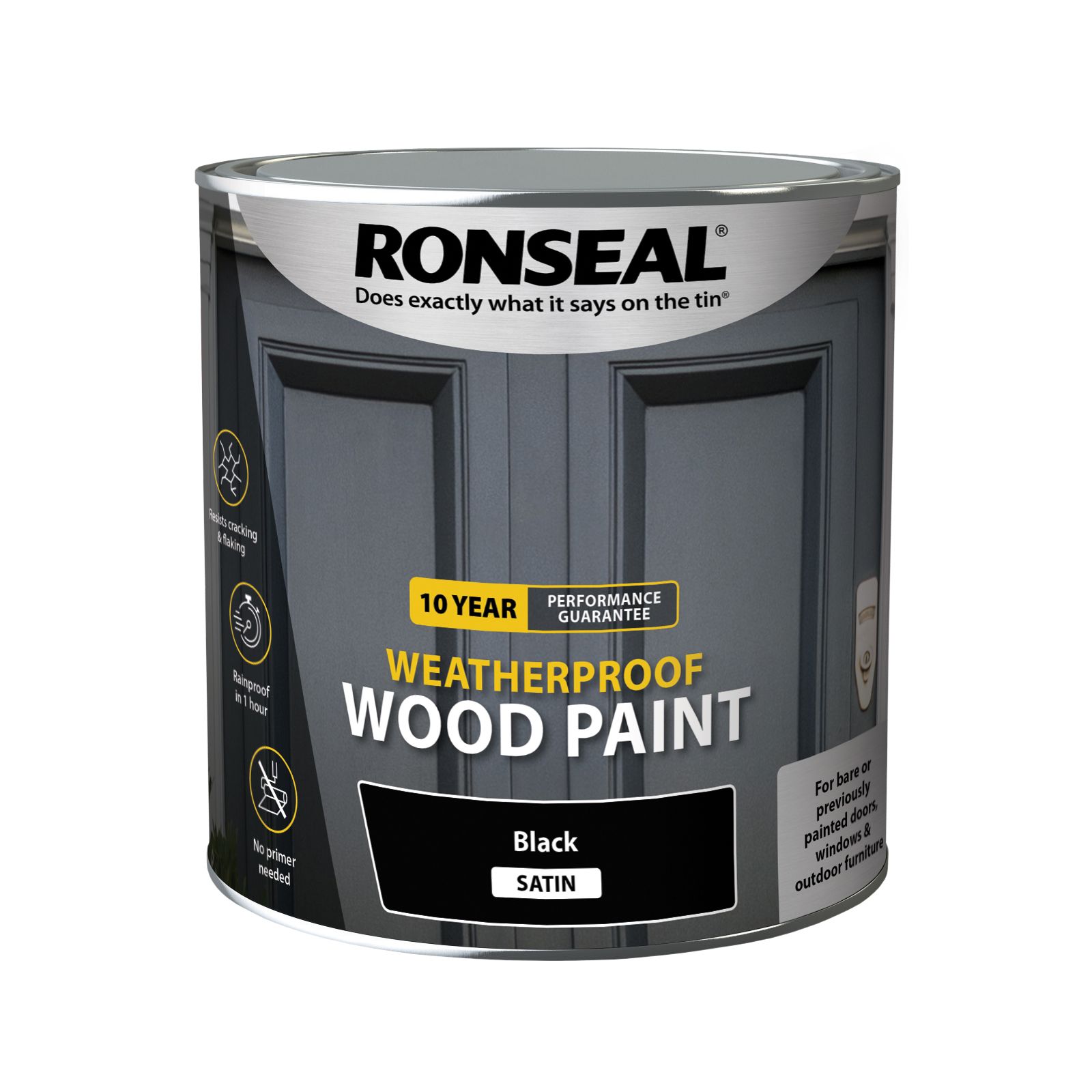 Ronseal 10 Year Weatherproof Wood Paint Black Satin Deep base Exterior Doors & windows Protector Wood paint, 2.5L Tin