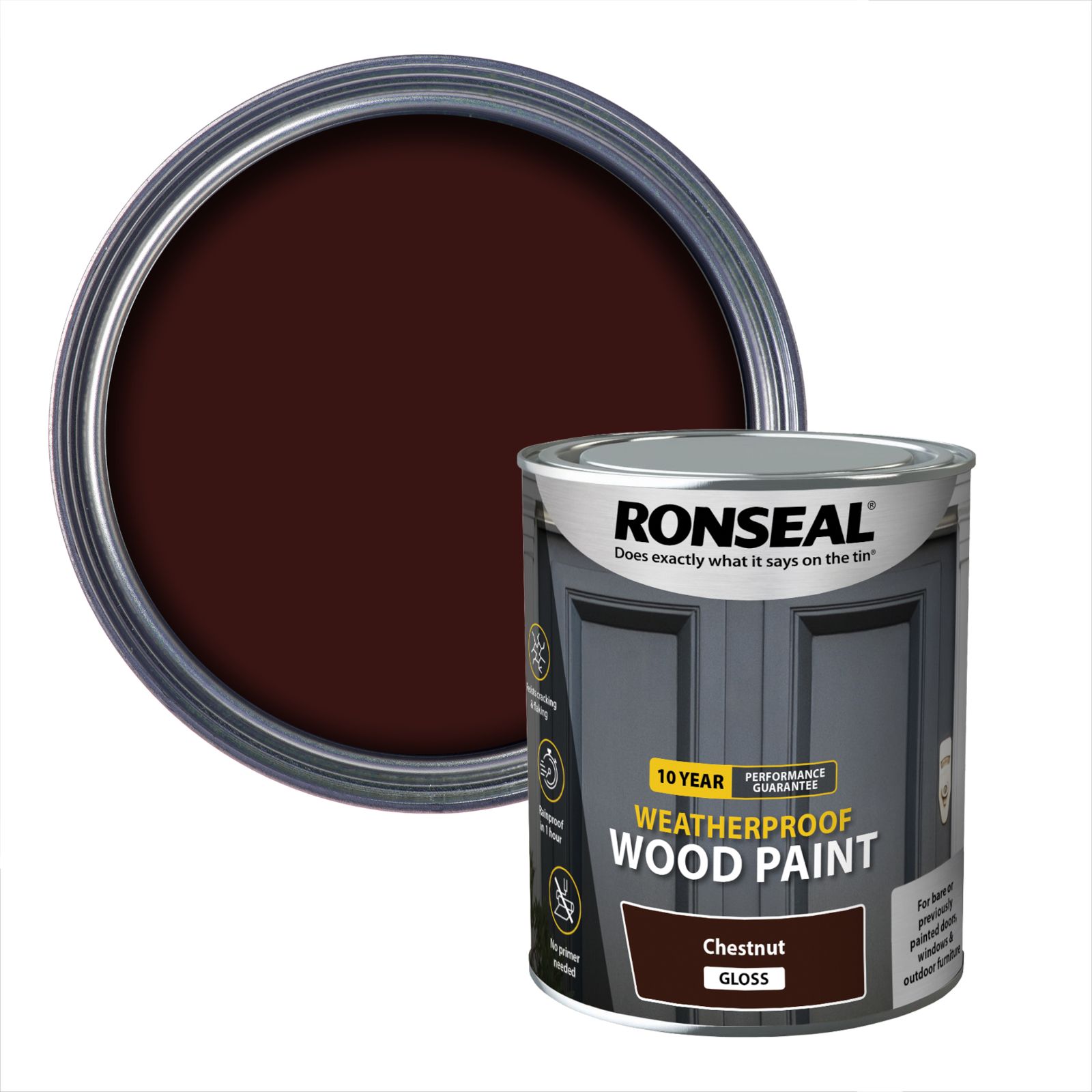 Ronseal 10 Year Weatherproof Wood Paint Chestnut Gloss Exterior Protector Wood paint, 750ml Tin