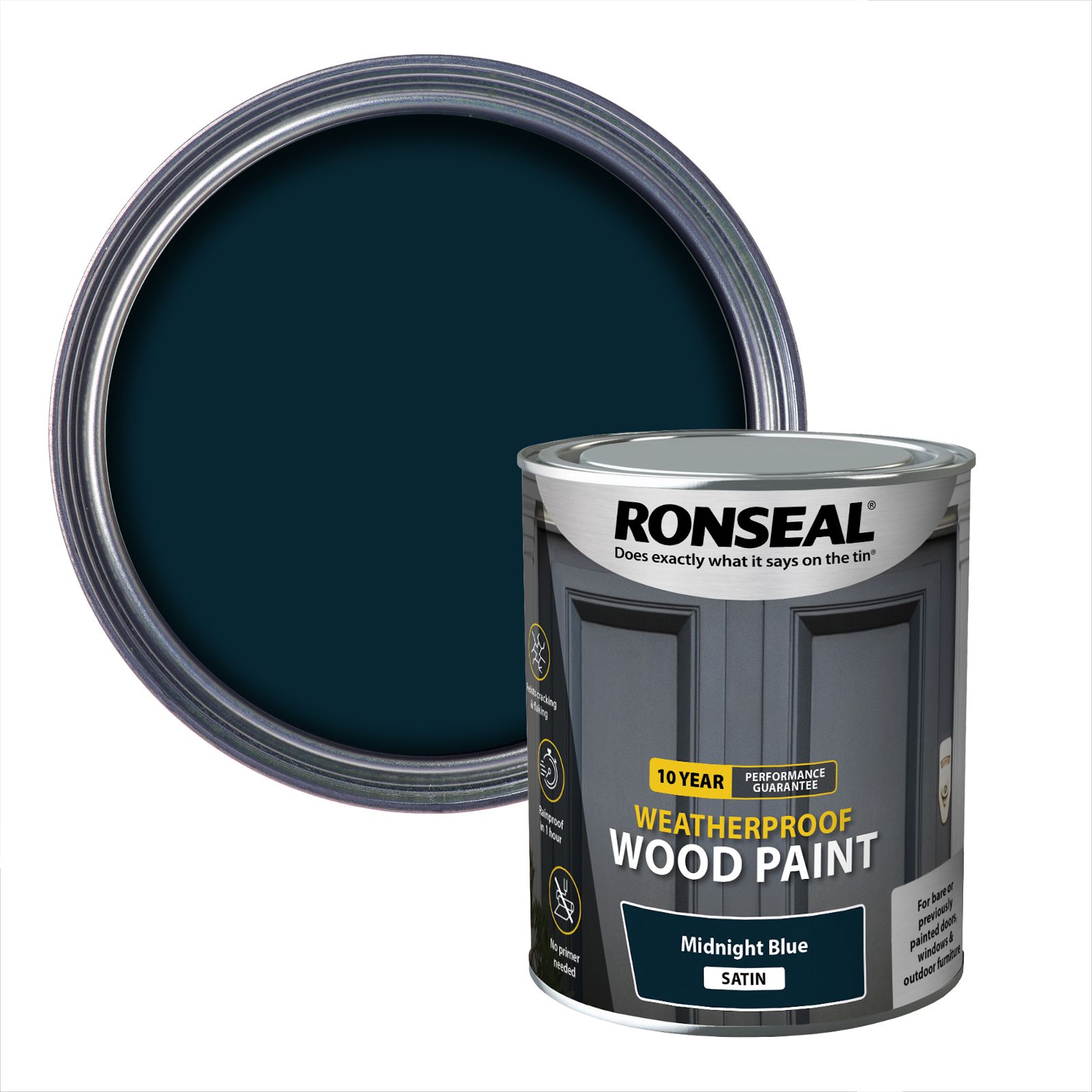 Ronseal 10 Year Weatherproof Wood Paint Midnight blue Satin Exterior Protector Wood paint, 750ml Tin