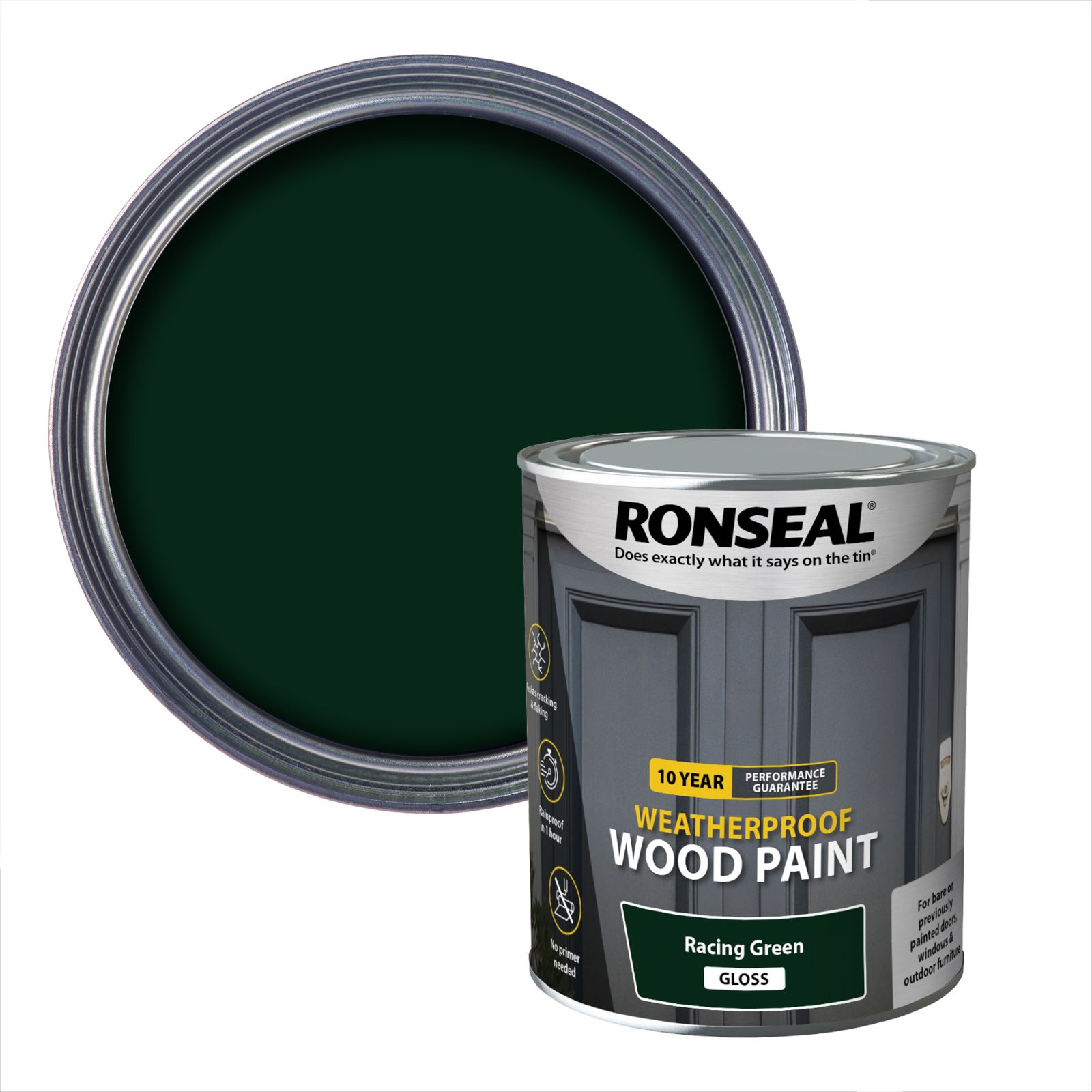 Ronseal 10 Year Weatherproof Wood Paint Racing green Gloss Exterior Protector Wood paint, 750ml Tin