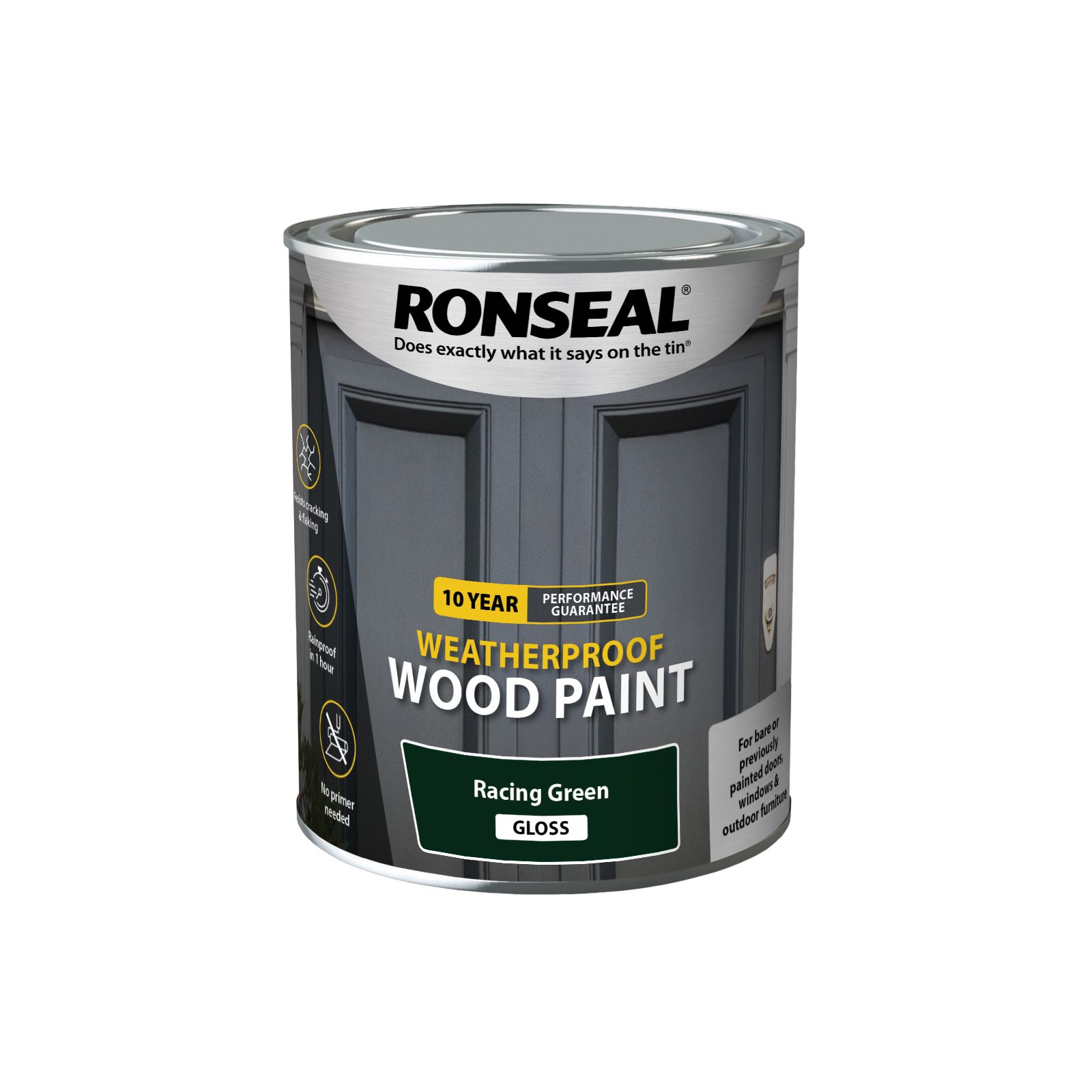 Ronseal 10 Year Weatherproof Wood Paint Racing green Gloss Exterior Protector Wood paint, 750ml Tin
