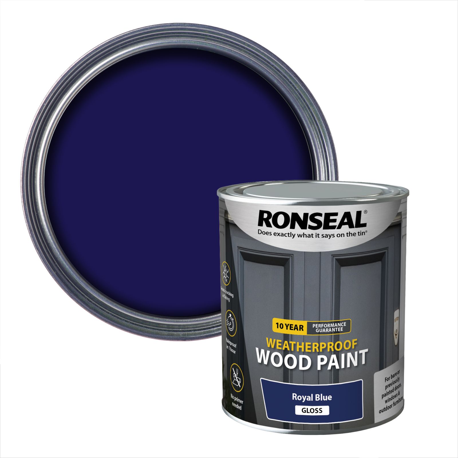 Ronseal 10 Year Weatherproof Wood Paint Royal blue Gloss Deep base Exterior Doors & windows Protector Wood paint, 750ml Tin
