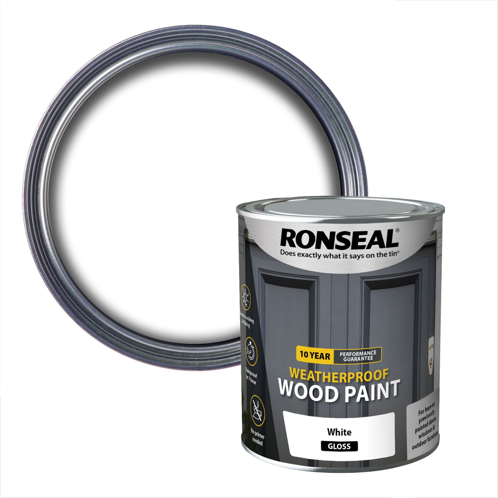 Ronseal 10 Year Weatherproof Wood Paint White Gloss Exterior Protector Wood paint, 750ml Tin