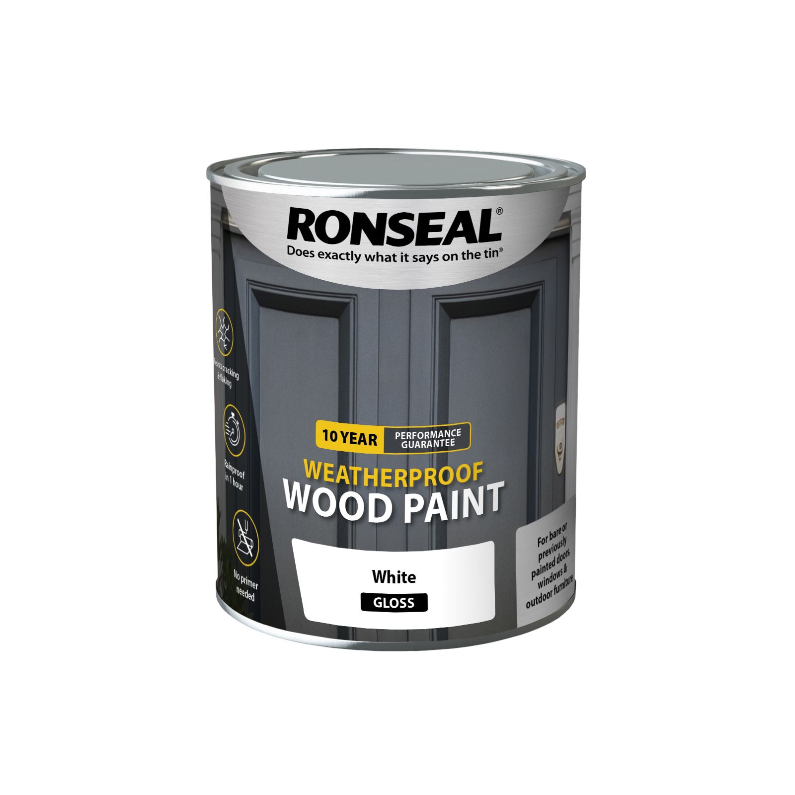 Ronseal 10 Year Weatherproof Wood Paint White Gloss Exterior Protector Wood paint, 750ml Tin