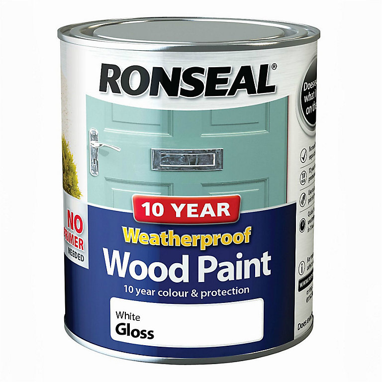 Ronseal 10 Year Weatherproof Wood Paint White Gloss Exterior Wood paint,  750ml Tin