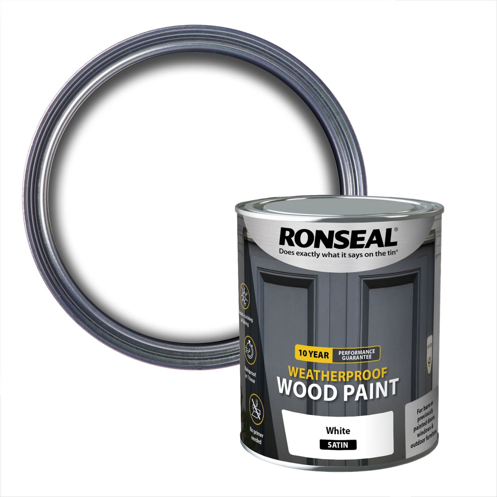 Ronseal 10 Year Weatherproof Wood Paint White Satin Exterior Protector Wood paint, 750ml Tin