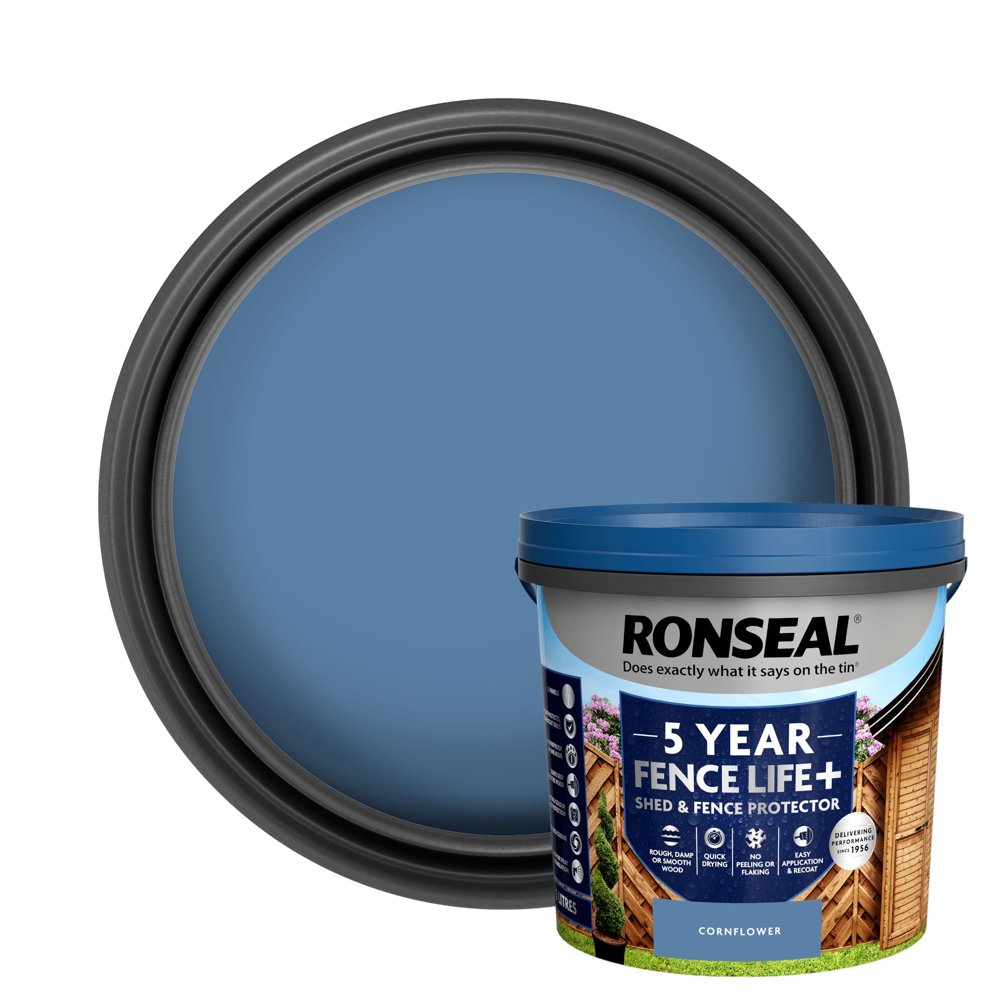 Ronseal 5 Year Fence Life+ Cornflower Matt Exterior Shed & fence Protector Wood paint, 5L Tub