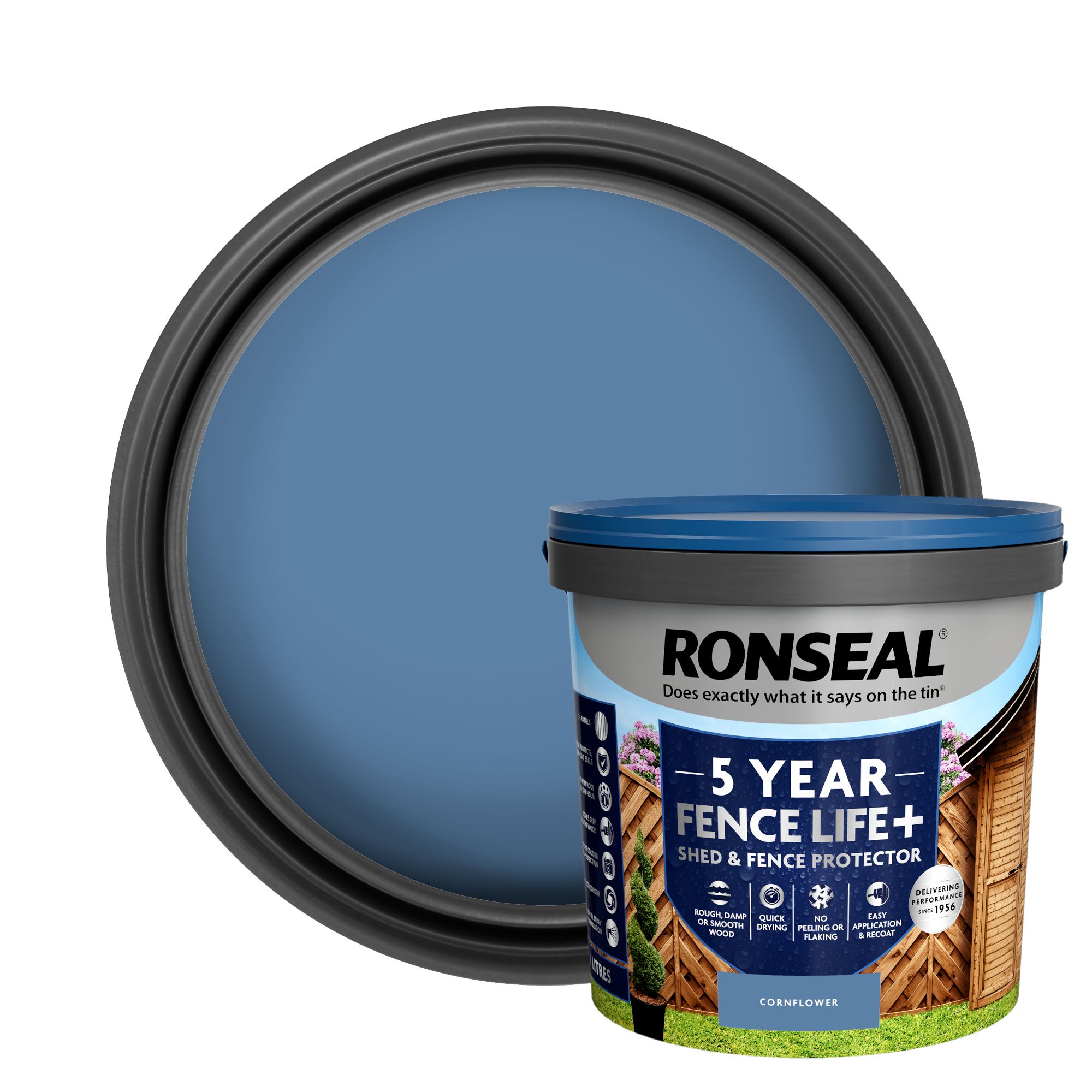 Ronseal 5 Year Fence Life+ Cornflower Matt Exterior Shed & fence Protector Wood paint, 9L Tub