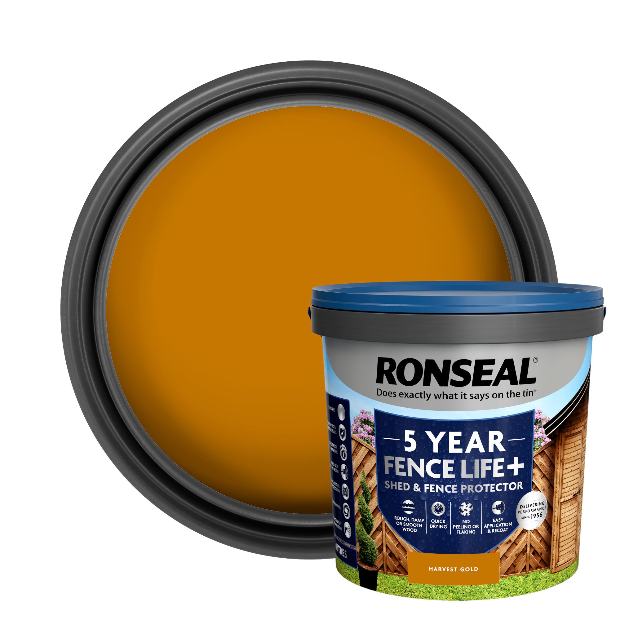 Ronseal 5 Year Fence Life+ Harvest gold Matt Exterior Shed & fence Protector Wood paint, 9L Tub