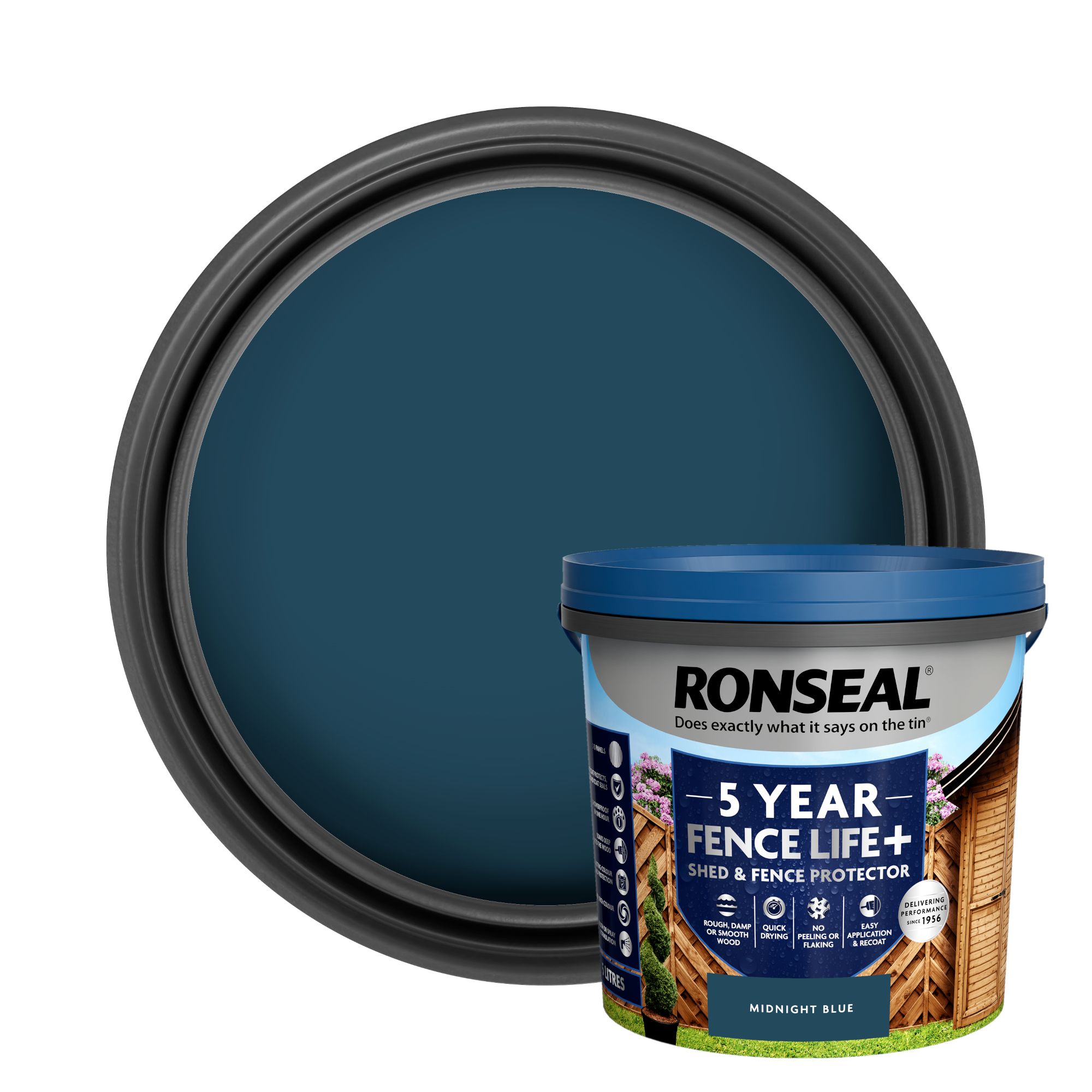 Ronseal 5 Year Fence Life+ Midnight blue Matt Exterior Shed & fence Protector Wood paint, 5L Tub