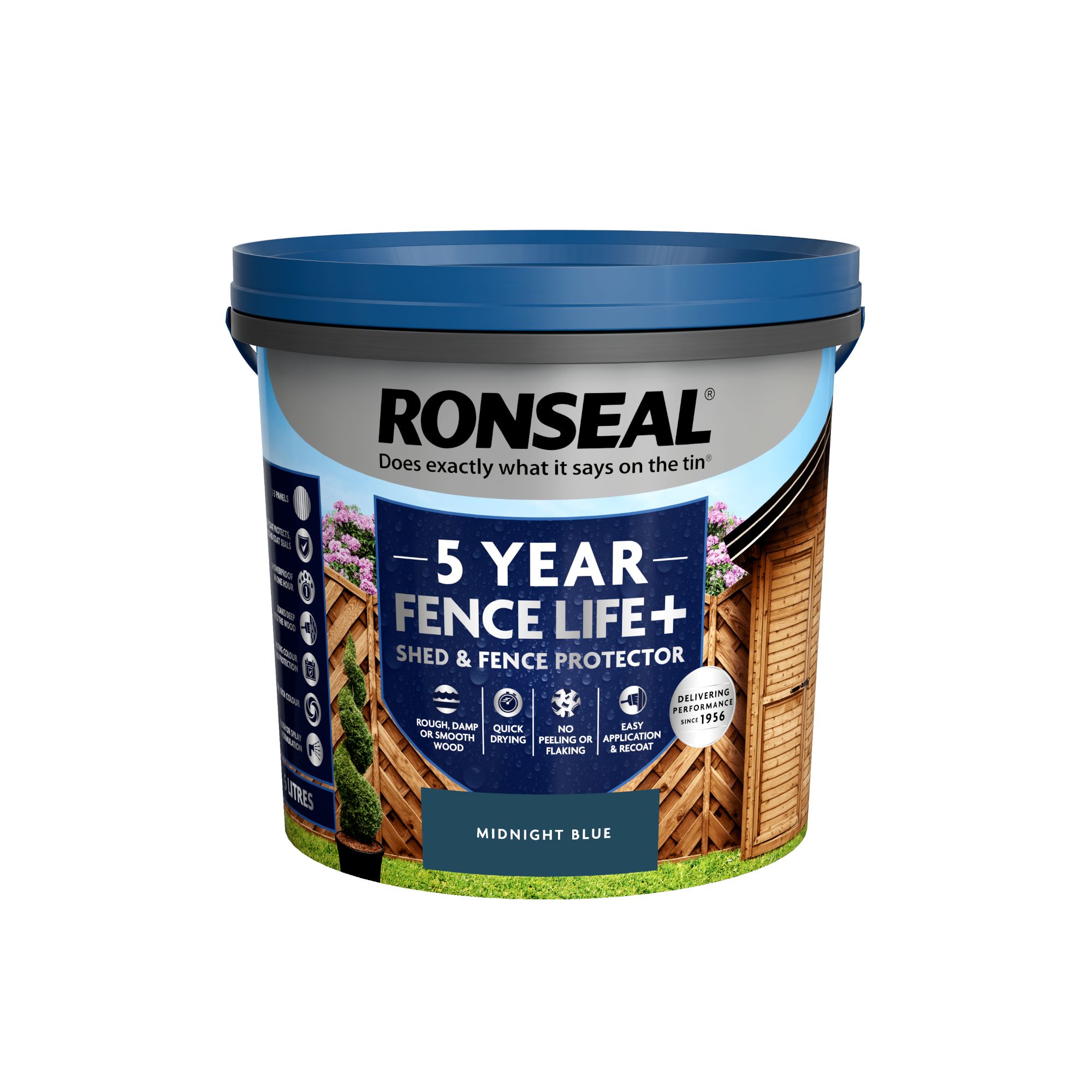 Ronseal 5 Year Fence Life+ Midnight blue Matt Exterior Shed & fence Protector Wood paint, 5L Tub