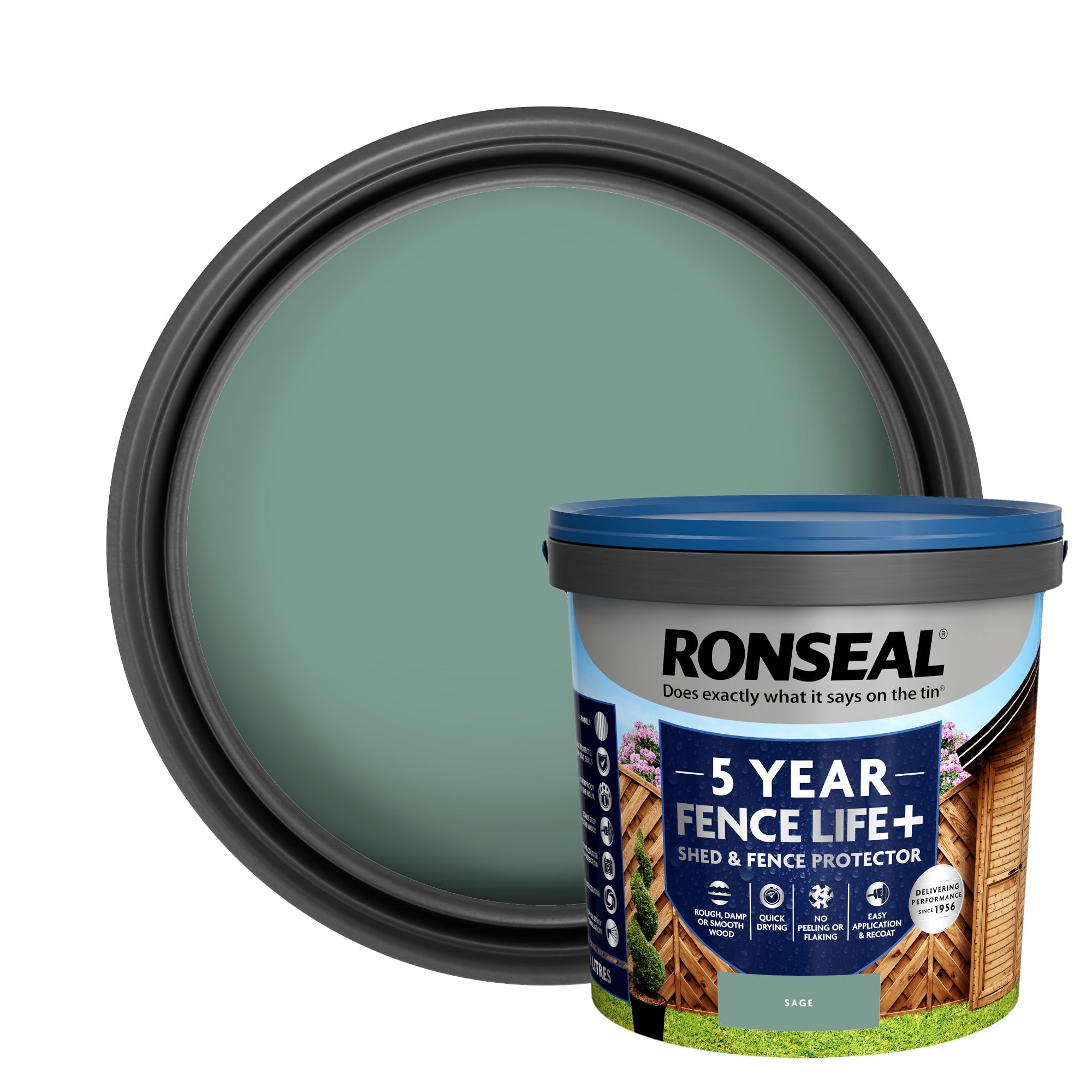 Ronseal 5 Year Fence Life+ Sage Matt Exterior Shed & fence Protector Wood paint, 9L Tub