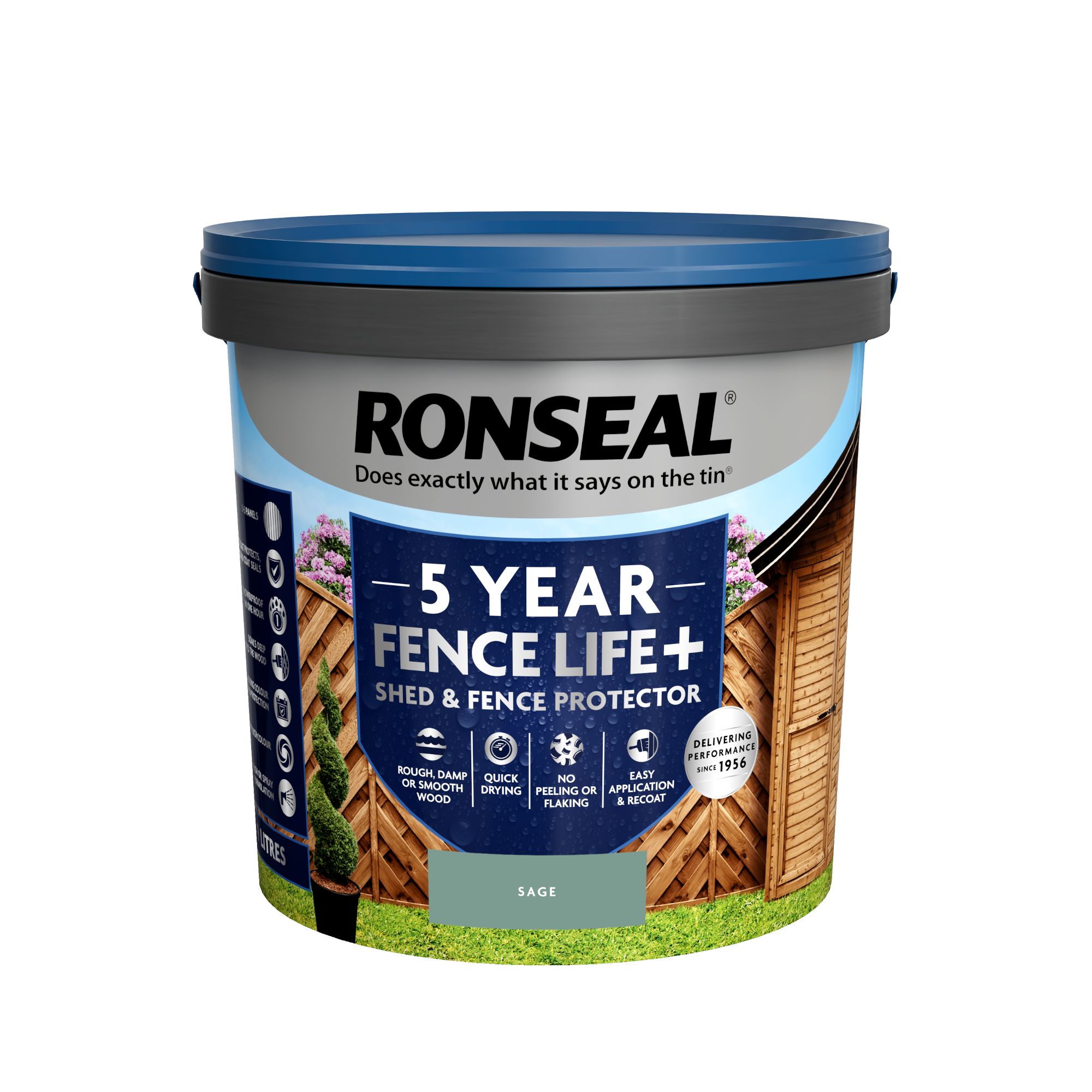 Ronseal 5 Year Fence Life+ Sage Matt Exterior Shed & fence Protector Wood paint, 9L Tub