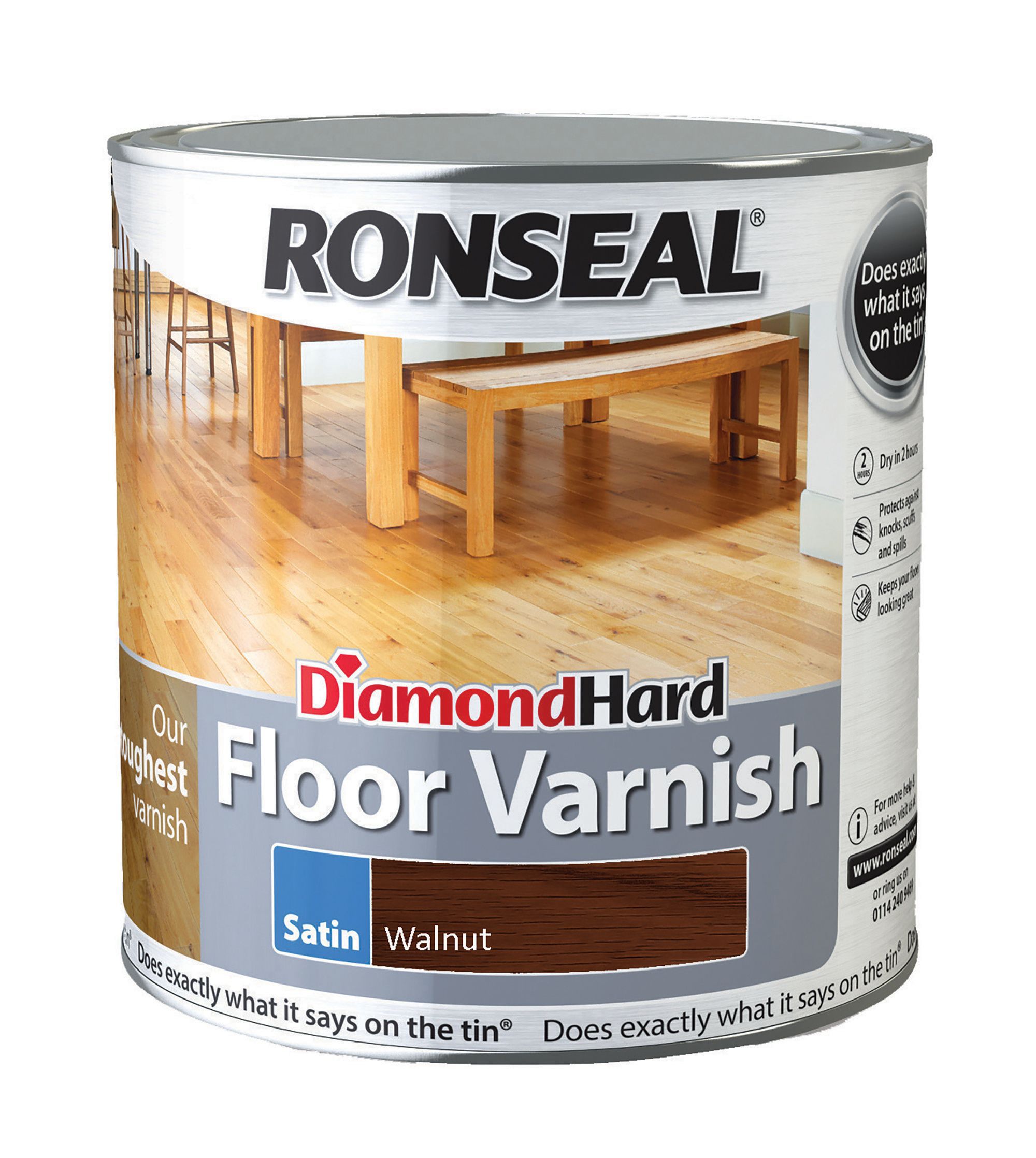 Ronseal Diamond Hard Floor Varnish Walnut Satin Wood Floor Varnish, 2.5L