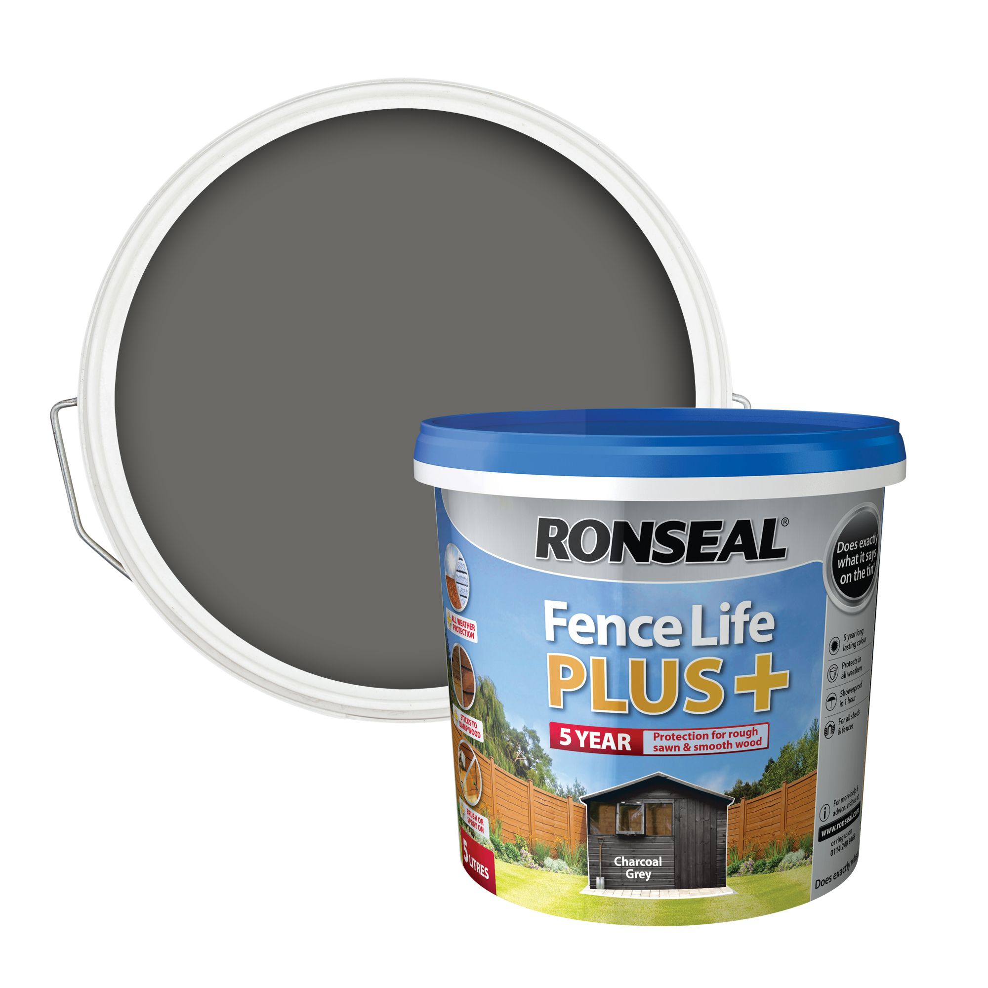 Ronseal Fence Life Plus Charcoal grey Matt Exterior Fence & shed Wood paint, 5L Tub