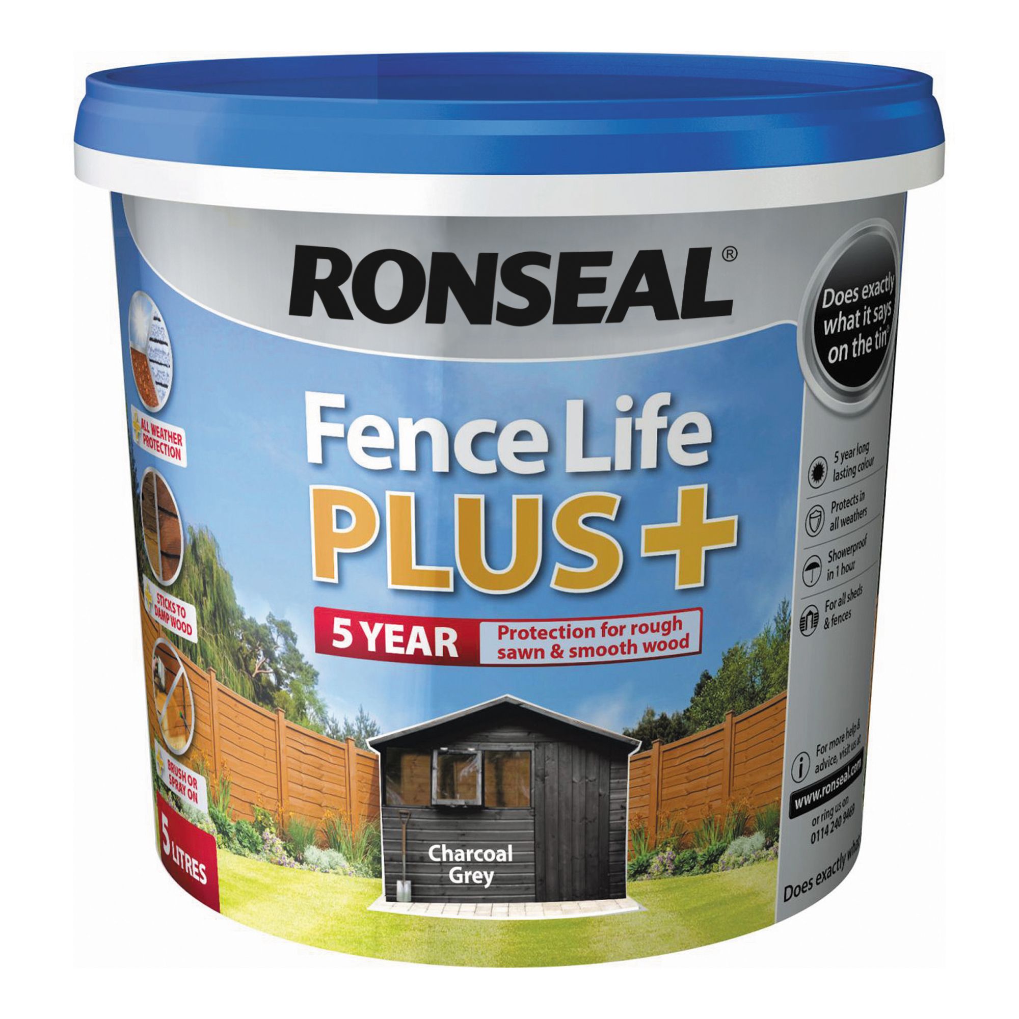 Ronseal Fence Life Plus Charcoal grey Matt Exterior Fence & shed Wood paint, 5L Tub