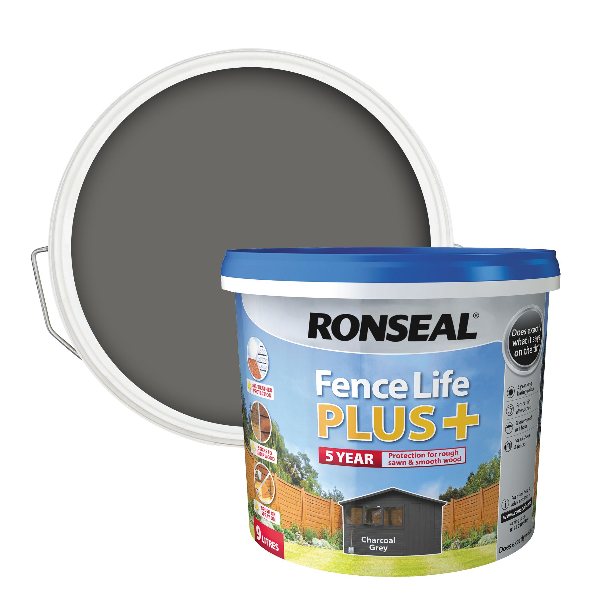Ronseal Fence Life Plus Charcoal grey Matt Exterior Fence & shed Wood paint, 9L Tub