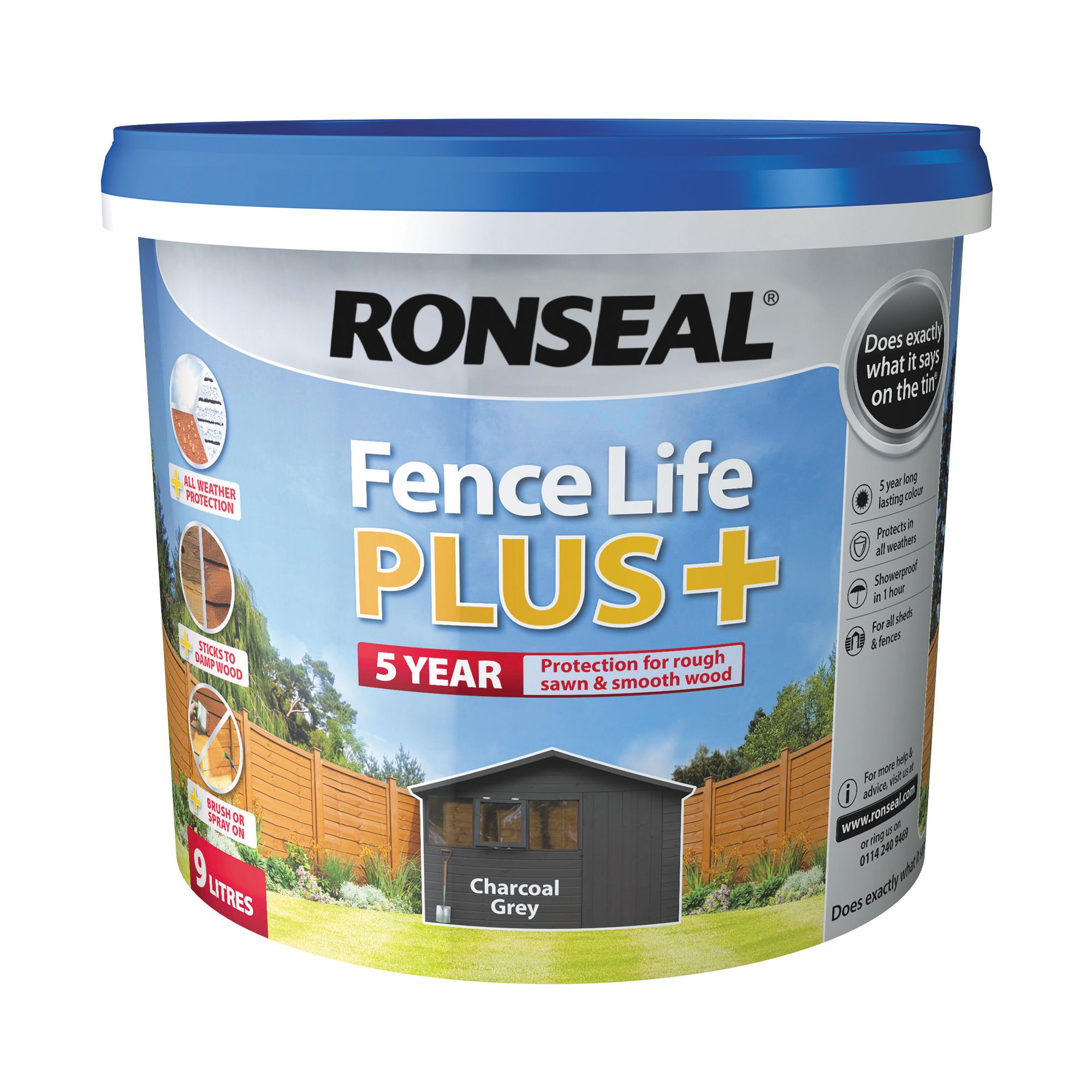 Ronseal Fence Life Plus Charcoal grey Matt Exterior Fence & shed Wood paint, 9L Tub