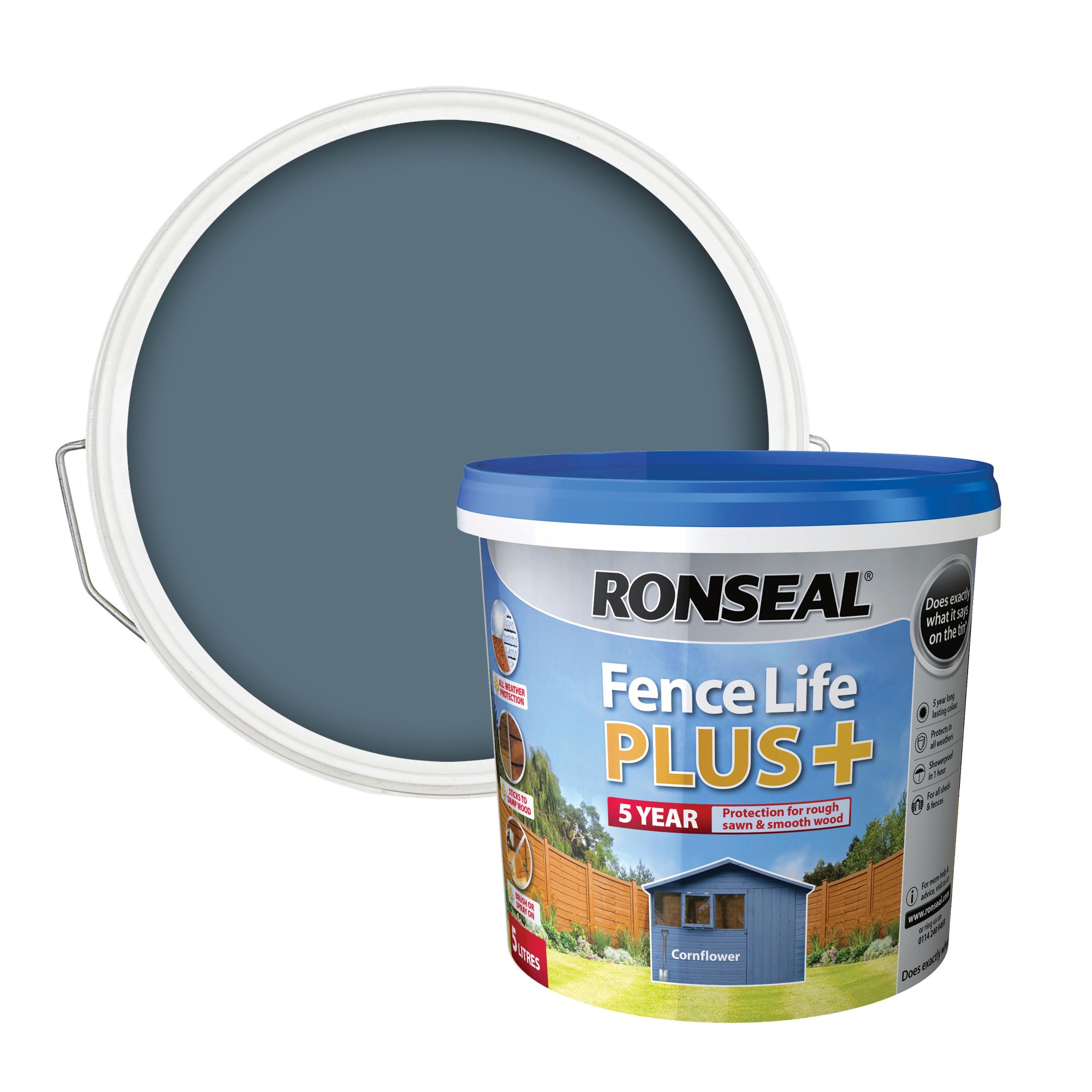 Ronseal Fence Life Plus Cornflower Matt Exterior Wood paint, 5L Tub