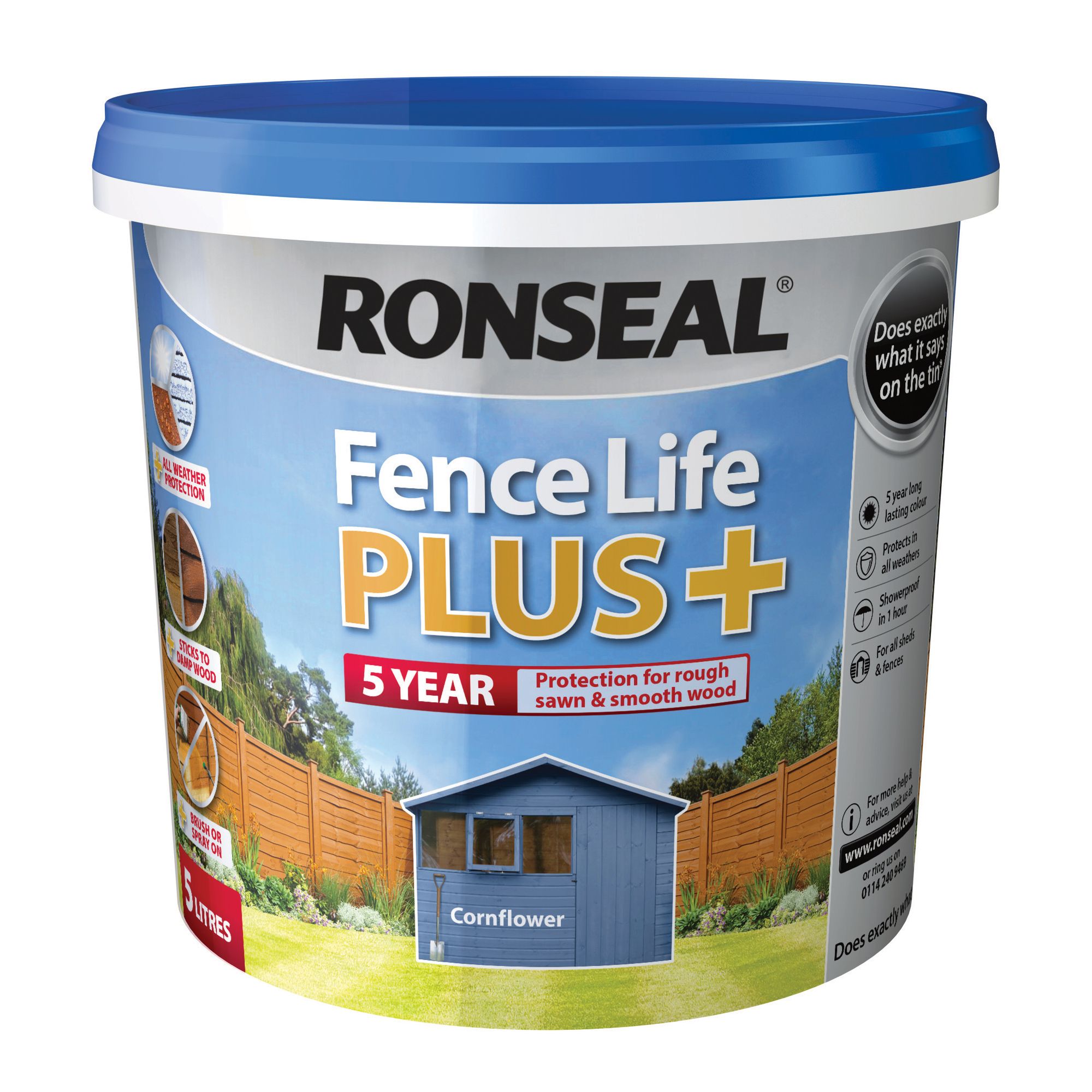 Ronseal Fence Life Plus Cornflower Matt Exterior Wood paint, 5L Tub
