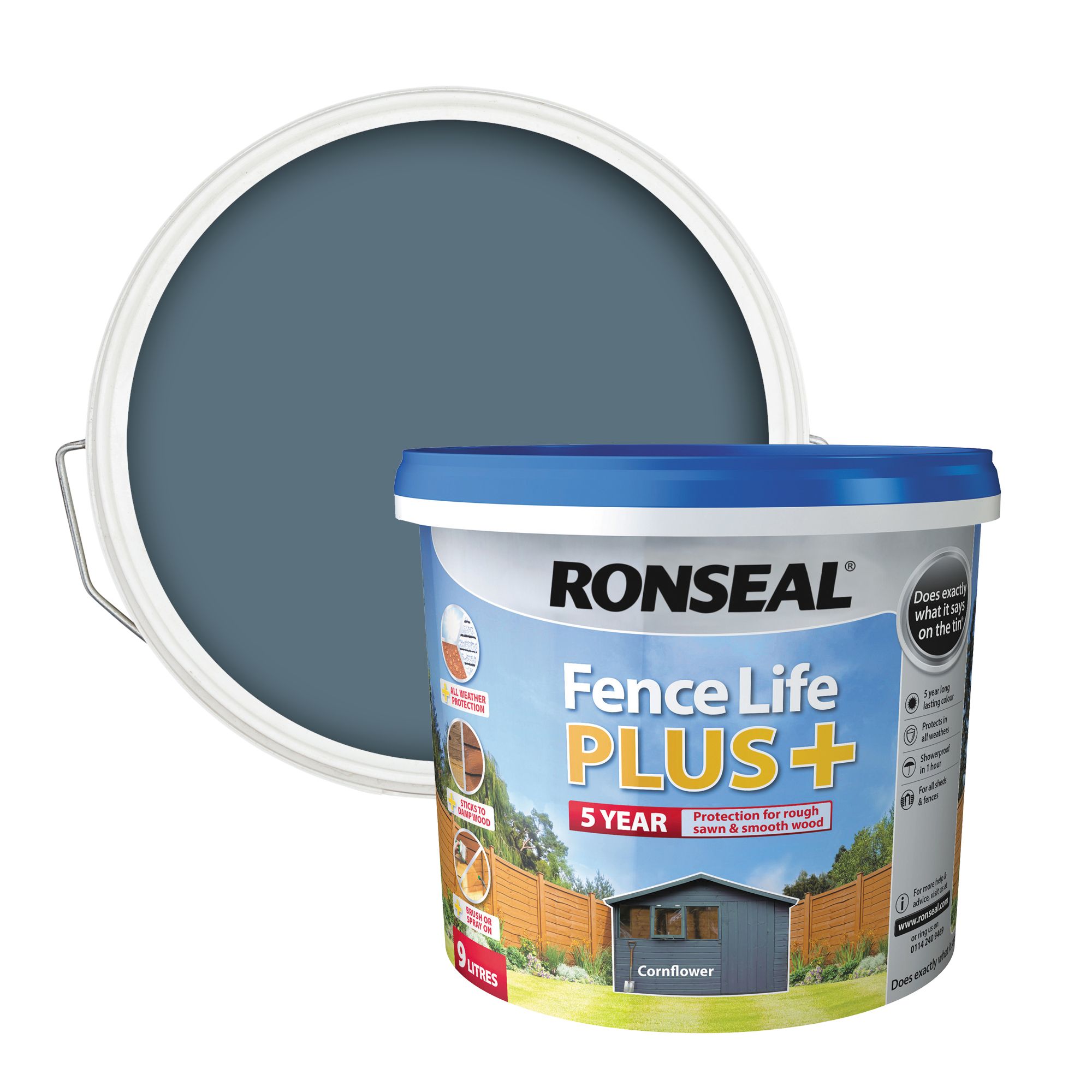 Ronseal Fence Life Plus Cornflower Matt Exterior Wood paint, 9L Tub