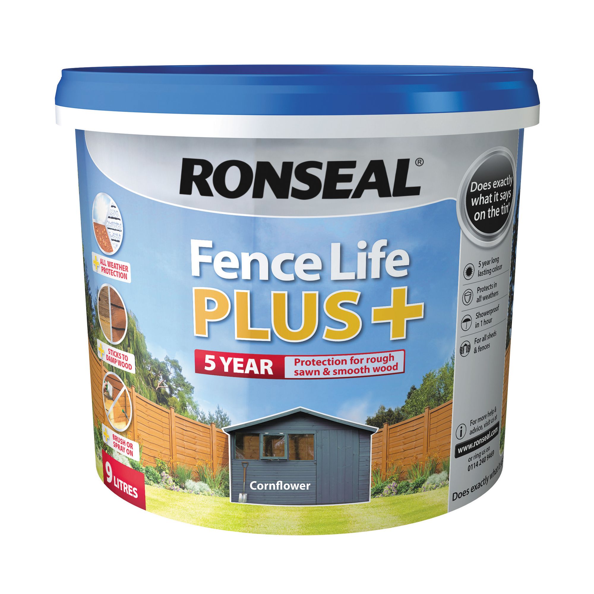Ronseal Fence Life Plus Cornflower Matt Exterior Wood paint, 9L Tub