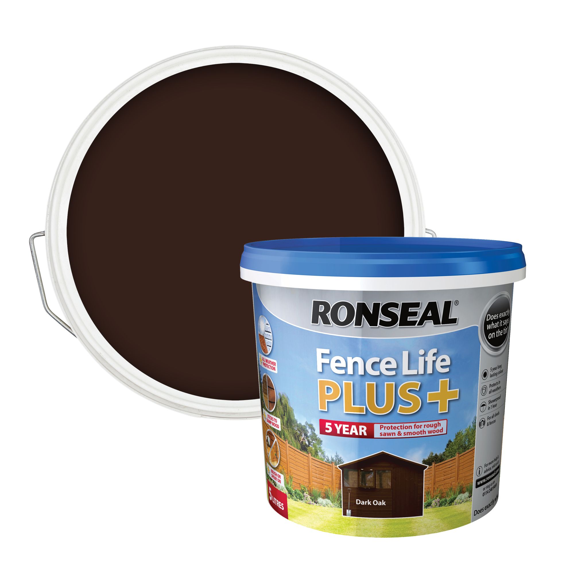 Ronseal Fence Life Plus Dark oak Matt Exterior Wood paint 5L Tub