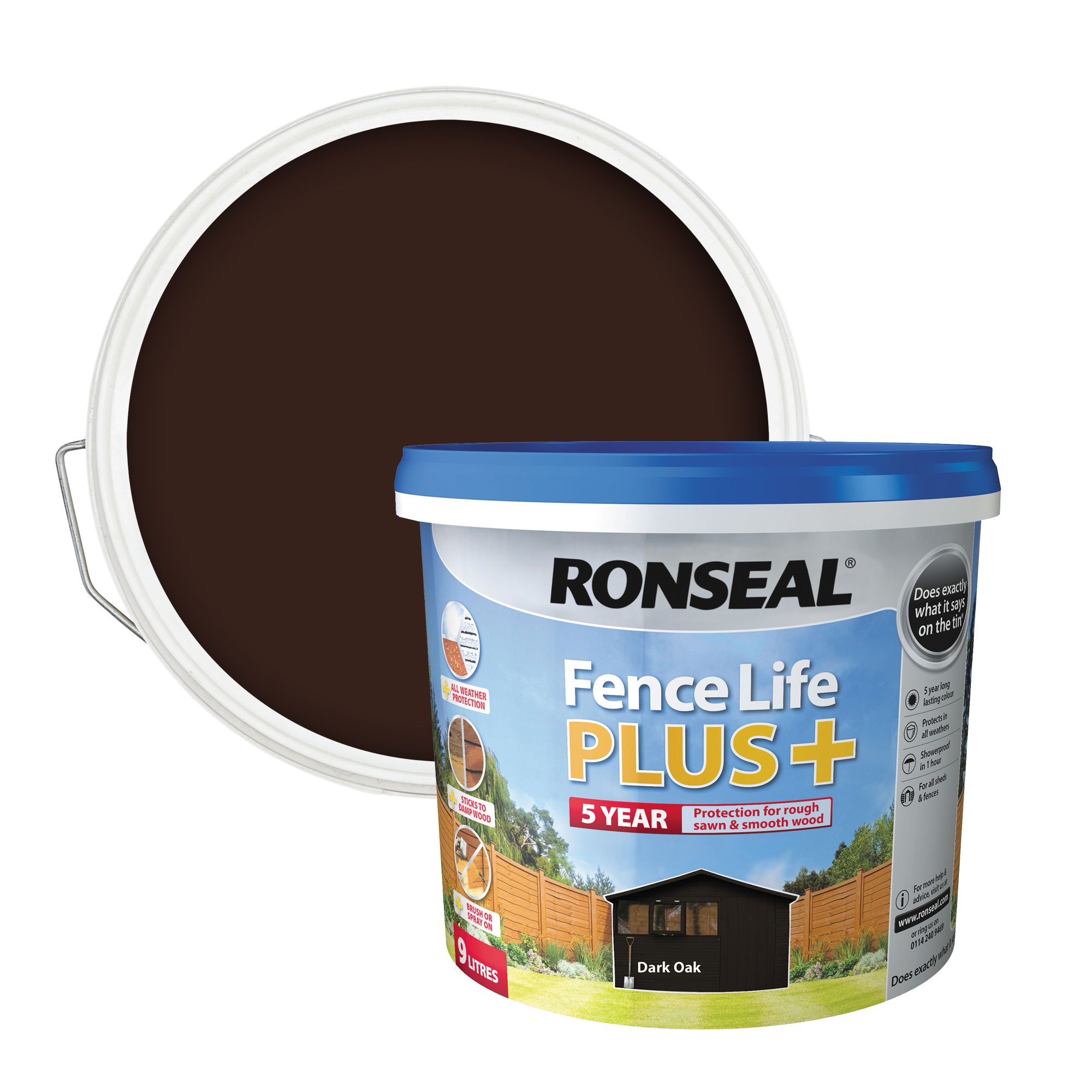 Ronseal Fence Life Plus Dark oak Matt Exterior Wood paint, 9L Tub