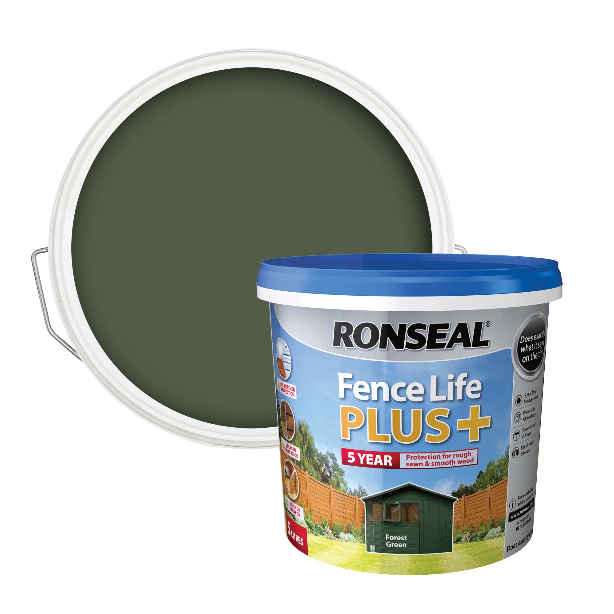 Ronseal Fence Life Plus Forest green Matt Exterior Fence & shed Wood paint, 5L Tub