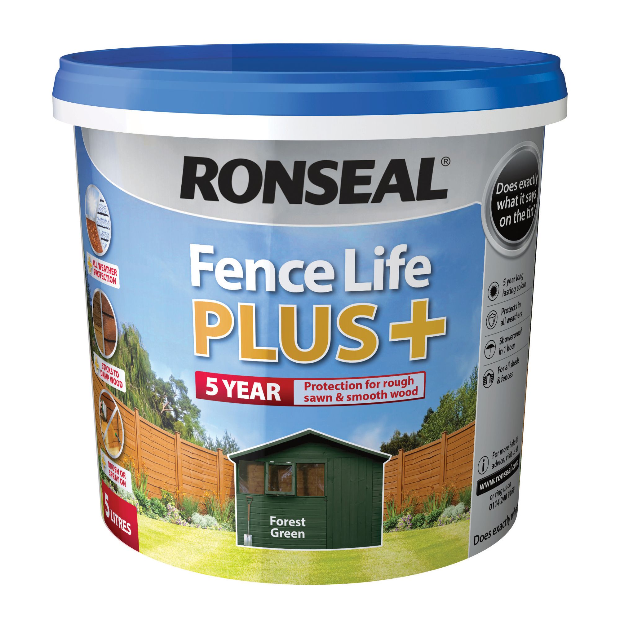 Ronseal Fence Life Plus Forest green Matt Exterior Fence & shed Wood paint, 5L Tub