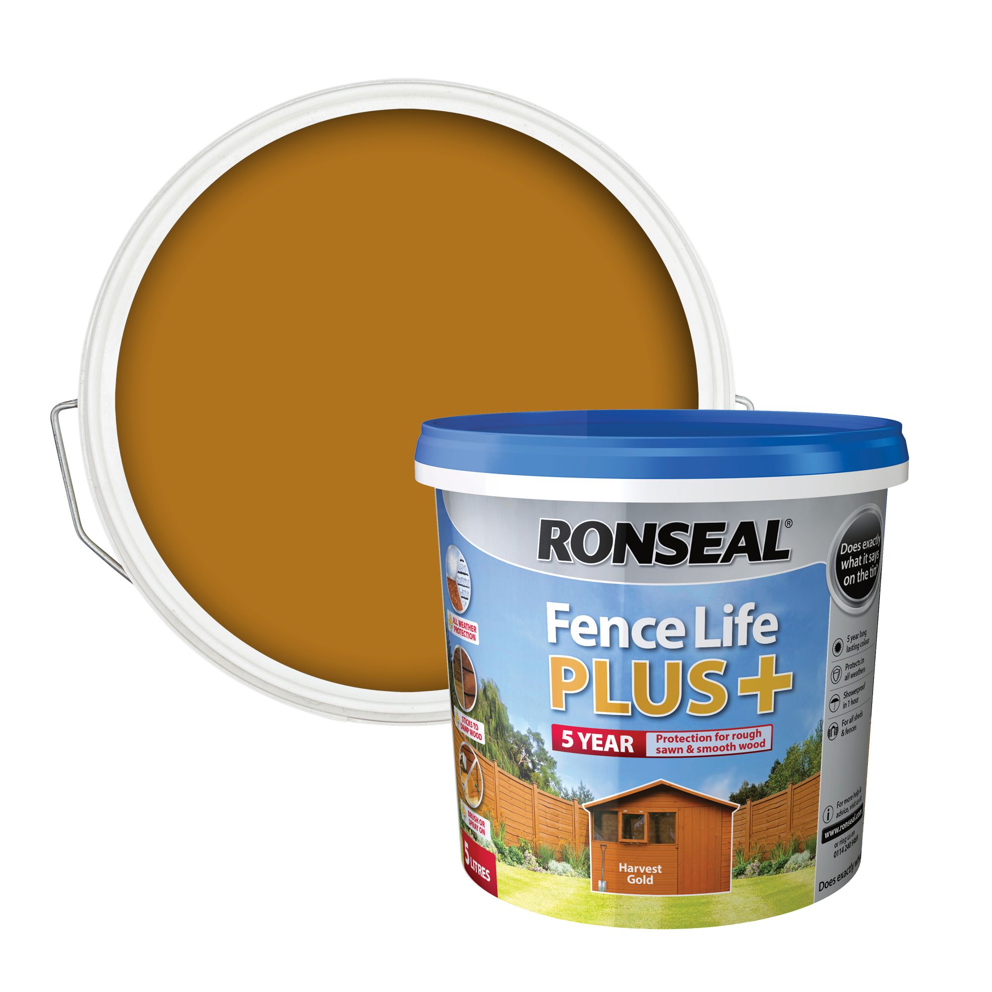 Ronseal Fence Life Plus Harvest gold Matt Exterior Fence & shed Wood paint, 5L Tub