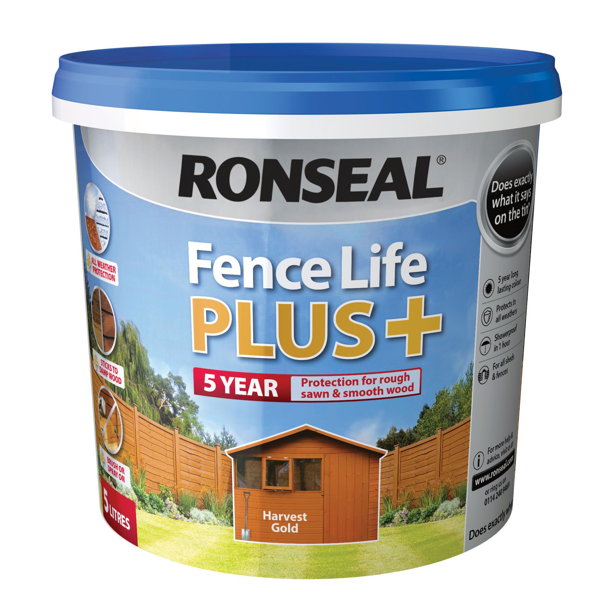 Ronseal Fence Life Plus Harvest gold Matt Exterior Fence & shed Wood paint, 5L Tub